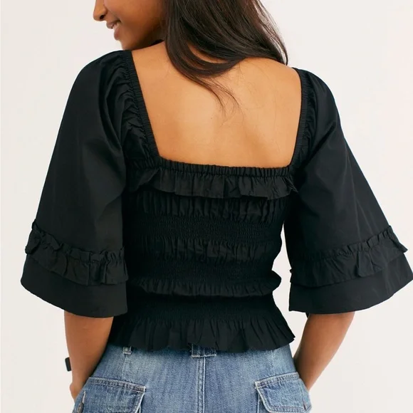 Smocked Square-Neck Puff Sleeve Top - Black Free People - Picture 2 of 6